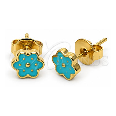 Oro Laminado Stud Earring, Gold Filled Style Flower Design, Turquoise Enamel Finish, Golden Finish, 02.64.0361 *PROMO*