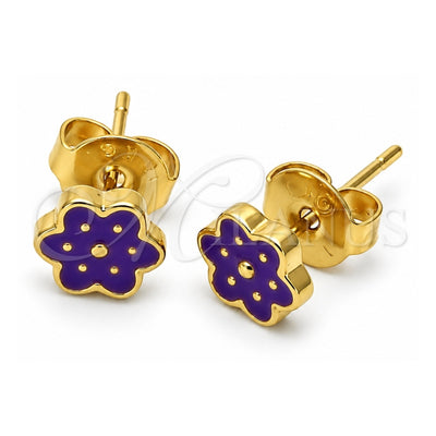 Oro Laminado Stud Earring, Gold Filled Style Flower Design, Purple Enamel Finish, Golden Finish, 02.64.0366 *PROMO*