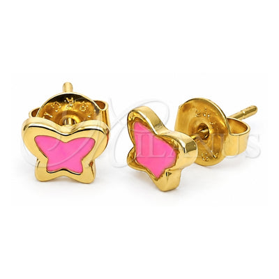 Oro Laminado Stud Earring, Gold Filled Style Butterfly Design, Dark Pink Enamel Finish, Golden Finish, 02.64.0371 *PROMO*