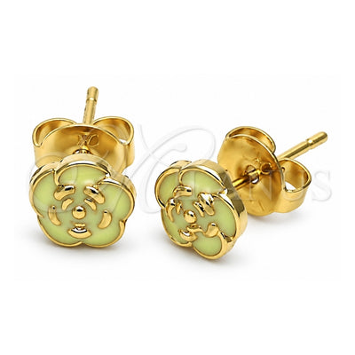 Oro Laminado Stud Earring, Gold Filled Style Flower Design, Green Enamel Finish, Golden Finish, 02.64.0399 *PROMO*