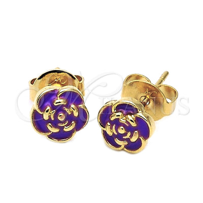 Oro Laminado Stud Earring, Gold Filled Style Flower Design, Purple Enamel Finish, Golden Finish, 02.64.0402 for wholesale, main product view