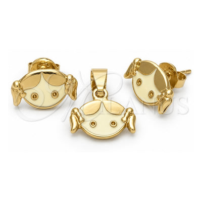 Oro Laminado Earring and Pendant Children Set, Gold Filled Style Little Girl Design, White Enamel Finish, Golden Finish, 10.64.0005