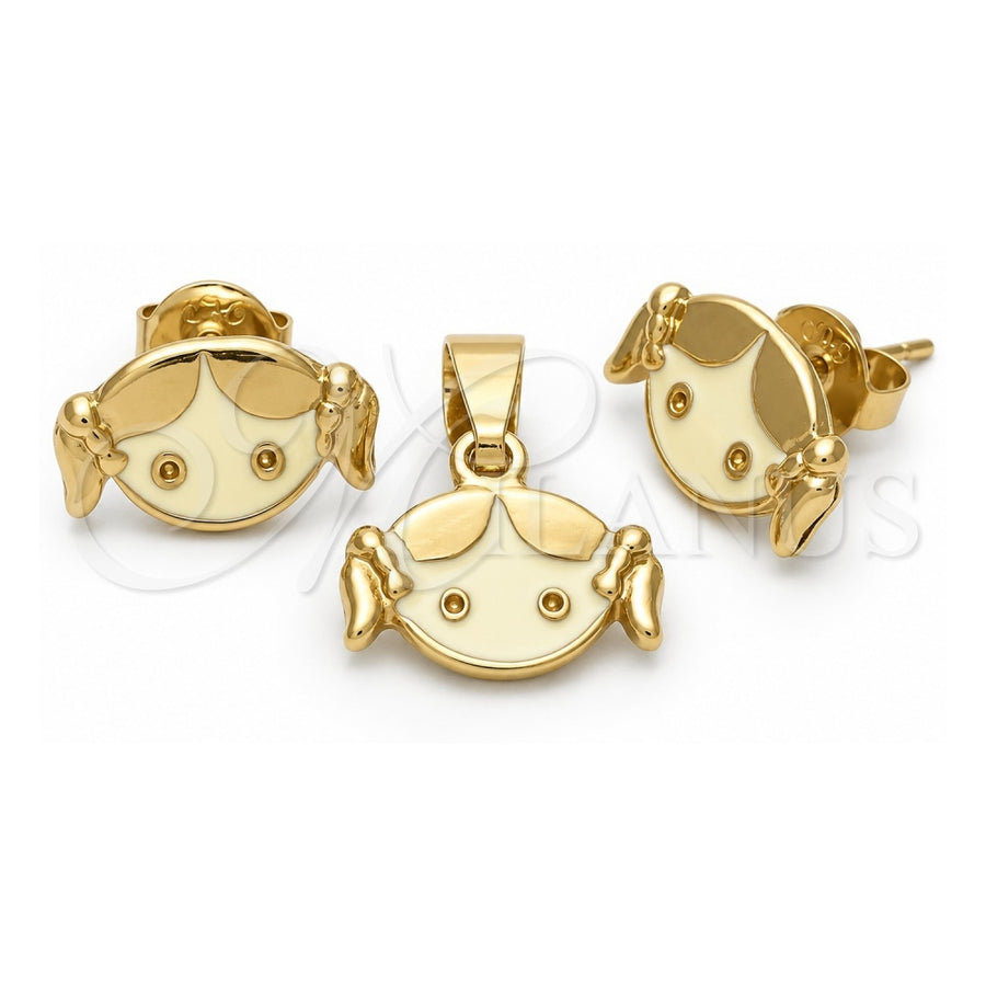 Oro Laminado Earring and Pendant Children Set, Gold Filled Style Little Girl Design, White Enamel Finish, Golden Finish, 10.64.0005