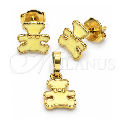 Oro Laminado Earring and Pendant Children Set, Gold Filled Style Teddy Bear Design, Enamel Finish, Golden Finish, 10.64.0016