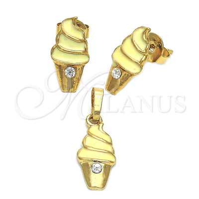 Oro Laminado Earring and Pendant Children Set, Gold Filled Style Ice Cream Design, Enamel Finish, Golden for wholesale, main product view