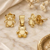 Oro Laminado Earring and Pendant Children Set, Gold Filled Style Teddy Bear Design, Enamel Finish, Golden Finish, 10.64.0142