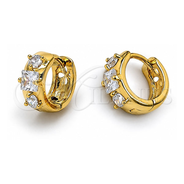 Oro Laminado Huggie Hoop, Gold Filled Style Flower Design, with White Cubic Zirconia, Polished, Golden Finish, 5.130.026