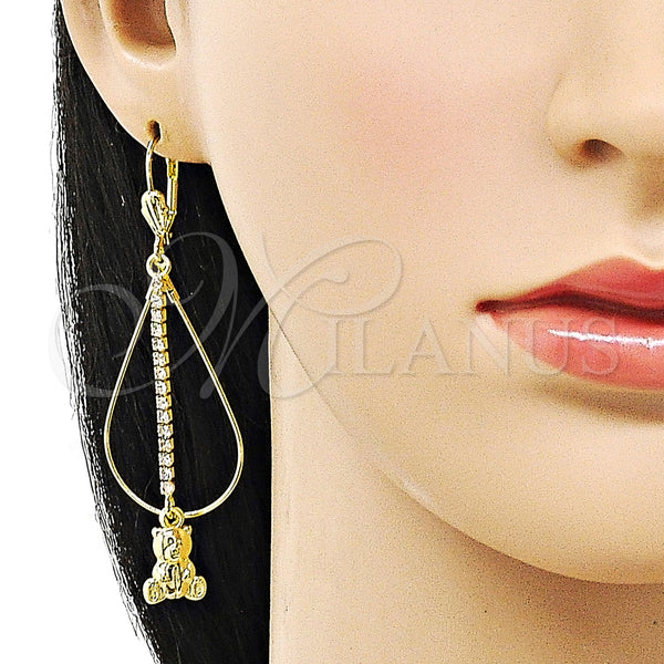 Oro Laminado Long Earring, Gold Filled Style Teddy Bear Design, with White Crystal, Polished, Golden Finish, 5.116.015