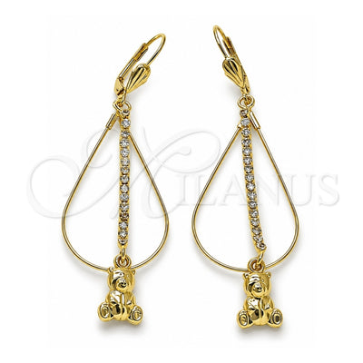 Oro Laminado Long Earring, Gold Filled Style Teddy Bear Design, with White Crystal, Polished, Golden Finish, 5.116.015