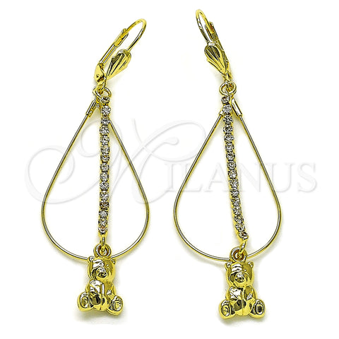 Oro Laminado Long Earring, Gold Filled Style Teddy Bear Design, with White Crystal, Polished, Golden Finish, 5.116.015