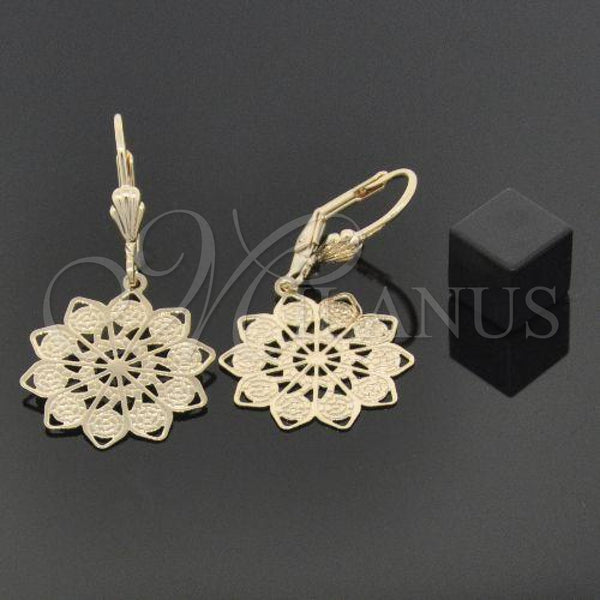 Oro Laminado Dangle Earring, Gold Filled Style Flower Design, Polished, Tricolor, 5.121.018