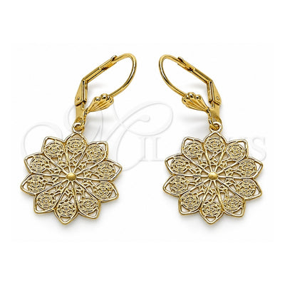 Oro Laminado Dangle Earring, Gold Filled Style Flower Design, Polished, Tricolor, 5.121.018