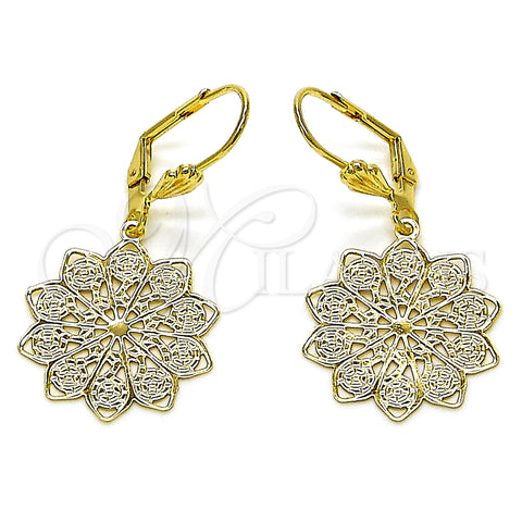 Oro Laminado Dangle Earring, Gold Filled Style Flower Design, Polished, Tricolor, 5.121.018