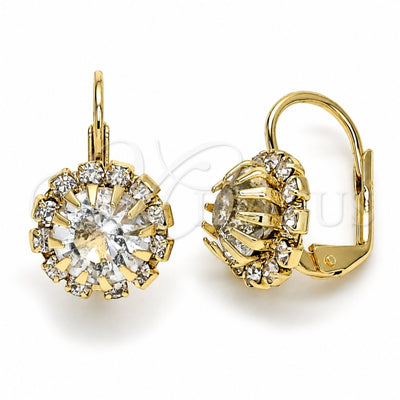 Oro Laminado Leverback Earring, Gold Filled Style Flower Design, with White Crystal, Polished, Golden Finish, 5.125.006