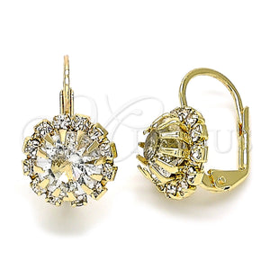 Oro Laminado Leverback Earring, Gold Filled Style Flower Design, with White Crystal, Polished, Golden Finish, 5.125.006