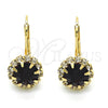 Oro Laminado Leverback Earring, Gold Filled Style Flower Design, with Amethyst and White Crystal, Polished, Golden Finish, 5.125.007