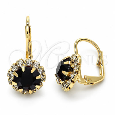 Oro Laminado Leverback Earring, Gold Filled Style Flower Design, with Amethyst and White Crystal, Polished, Golden Finish, 5.125.007