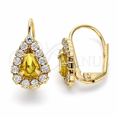 Oro Laminado Leverback Earring, Gold Filled Style Teardrop Design, with Dark Champagne and White Crystal, Polished, Golden Finish, 5.125.012