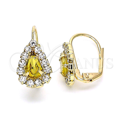Oro Laminado Leverback Earring, Gold Filled Style Teardrop Design, with Dark Champagne and White Crystal, Polished, Golden Finish, 5.125.012