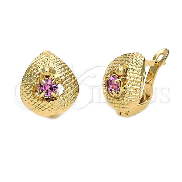 Oro Laminado Leverback Earring, Gold Filled Style Teardrop Design, with Lavender Cubic Zirconia, Diamond Cutting Finish, Golden Finish, 5.127.047