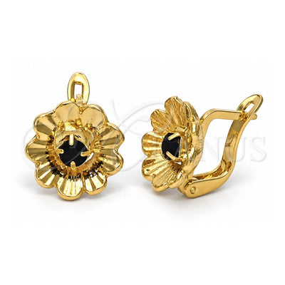 Oro Laminado Leverback Earring, Gold Filled Style Flower Design, with Black Cubic Zirconia, Diamond Cutting Finish, Golden Finish, 5.127.049