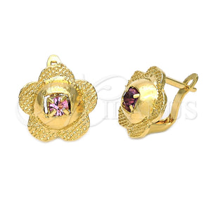 Oro Laminado Leverback Earring, Gold Filled Style Flower Design, with Rhodolite Cubic Zirconia, Diamond Cutting Finish, Golden Finish, 5.127.051