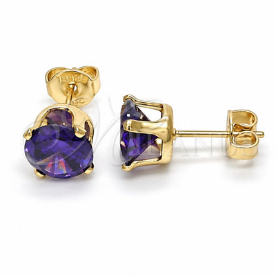 Oro Laminado Stud Earring, Gold Filled Style with Amethyst Cubic Zirconia, Polished, Golden Finish, 5.128.044