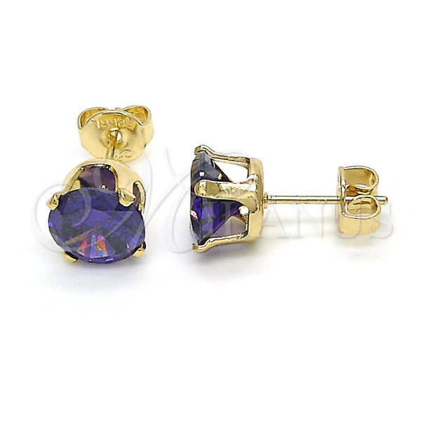 Oro Laminado Stud Earring, Gold Filled Style with Amethyst Cubic Zirconia, Polished, Golden Finish, 5.128.044