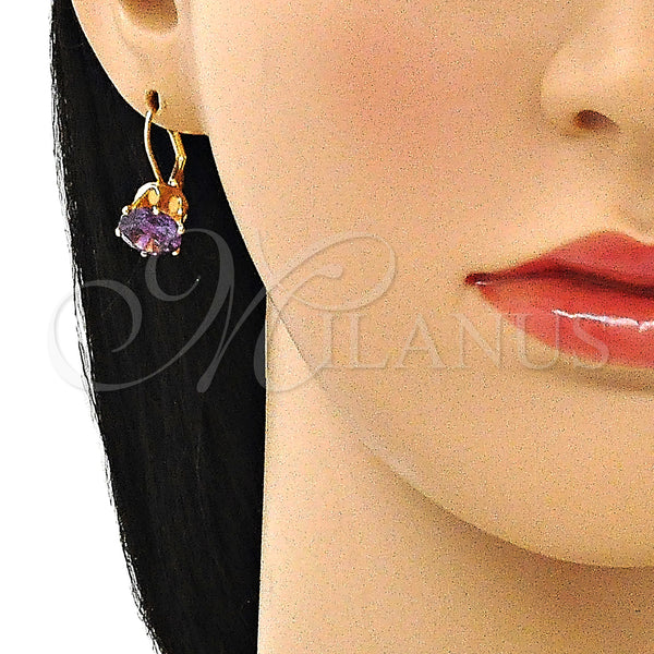 Oro Laminado Leverback Earring, Gold Filled Style with Amethyst Cubic Zirconia, Polished, Golden Finish, 5.128.061