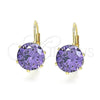 Oro Laminado Leverback Earring, Gold Filled Style with Amethyst Cubic Zirconia, Polished, Golden Finish, 5.128.061