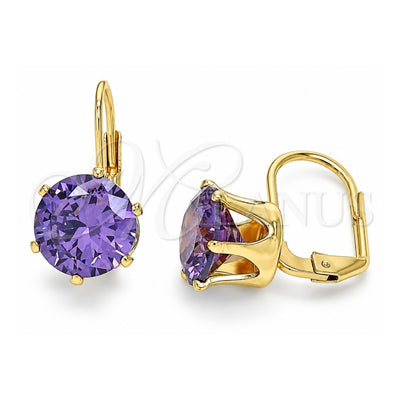 Oro Laminado Leverback Earring, Gold Filled Style with Amethyst Cubic Zirconia, Polished, Golden Finish, 5.128.061
