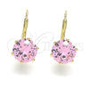 Oro Laminado Leverback Earring, Gold Filled Style with Pink Cubic Zirconia, Polished, Golden Finish, 5.128.069