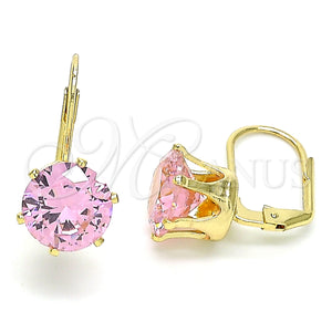 Oro Laminado Leverback Earring, Gold Filled Style with Pink Cubic Zirconia, Polished, Golden Finish, 5.128.069