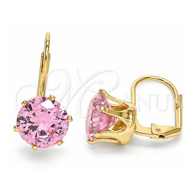 Oro Laminado Leverback Earring, Gold Filled Style with Pink Cubic Zirconia, Polished, Golden Finish, 5.128.069