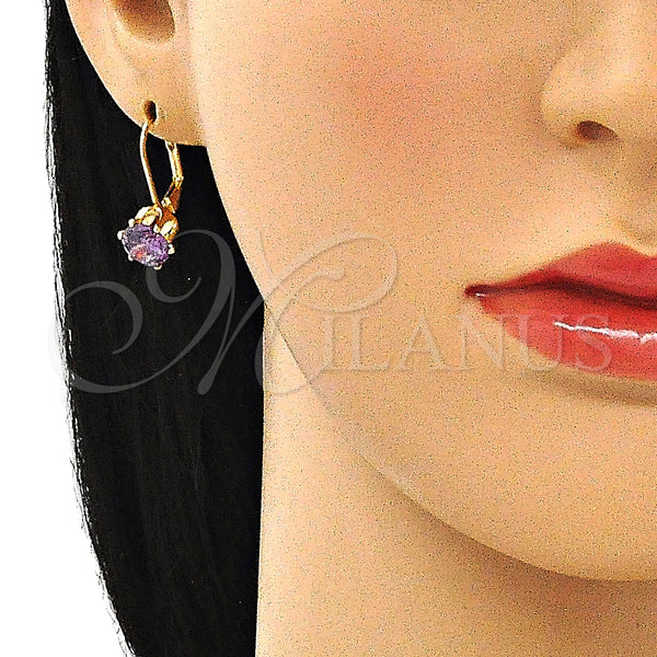 Oro Laminado Leverback Earring, Gold Filled Style with Amethyst Cubic Zirconia, Polished, Golden Finish, 5.128.073