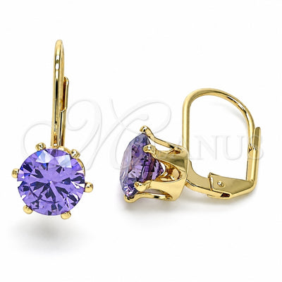 Oro Laminado Leverback Earring, Gold Filled Style with Amethyst Cubic Zirconia, Polished, Golden Finish, 5.128.073