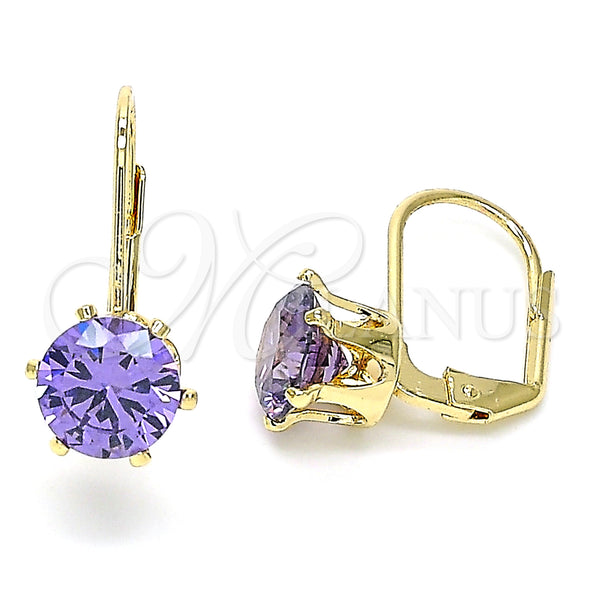 Oro Laminado Leverback Earring, Gold Filled Style with Amethyst Cubic Zirconia, Polished, Golden Finish, 5.128.073