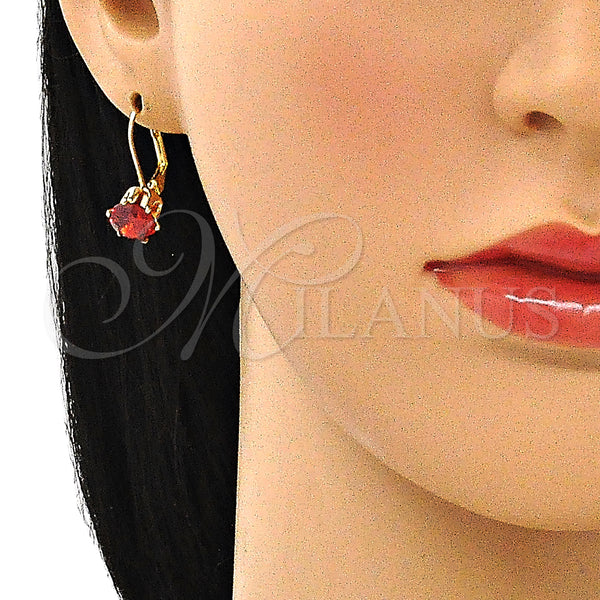 Oro Laminado Leverback Earring, Gold Filled Style with Garnet Cubic Zirconia, Polished, Golden Finish, 5.128.078
