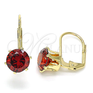 Oro Laminado Leverback Earring, Gold Filled Style with Garnet Cubic Zirconia, Polished, Golden Finish, 5.128.078