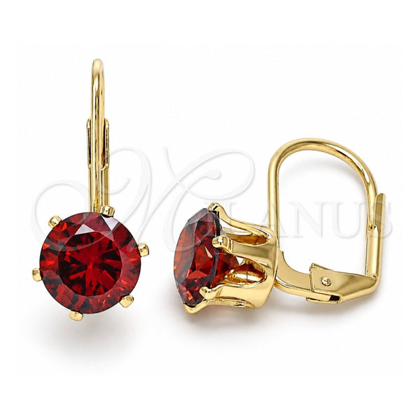 Oro Laminado Leverback Earring, Gold Filled Style with Garnet Cubic Zirconia, Polished, Golden Finish, 5.128.078