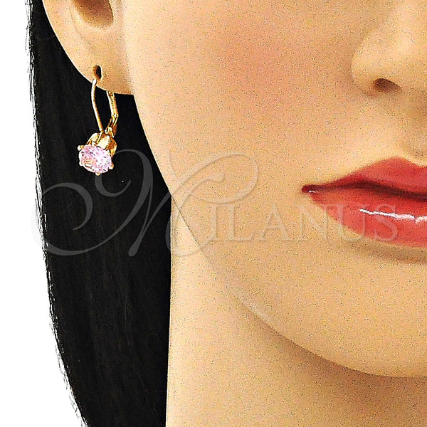 Oro Laminado Leverback Earring, Gold Filled Style with Pink Cubic Zirconia, Polished, Golden Finish, 5.128.081