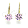 Oro Laminado Leverback Earring, Gold Filled Style with Pink Cubic Zirconia, Polished, Golden Finish, 5.128.081