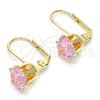 Oro Laminado Leverback Earring, Gold Filled Style with Pink Cubic Zirconia, Polished, Golden Finish, 5.128.081