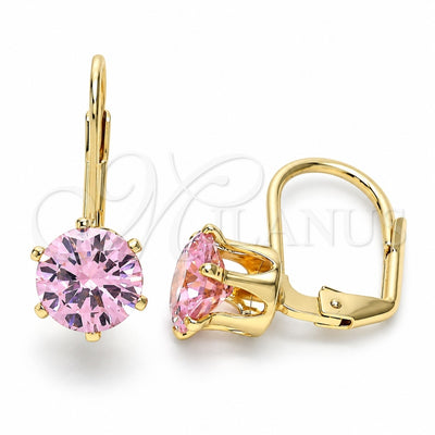 Oro Laminado Leverback Earring, Gold Filled Style with Pink Cubic Zirconia, Polished, Golden Finish, 5.128.081