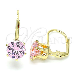 Oro Laminado Leverback Earring, Gold Filled Style with Pink Cubic Zirconia, Polished, Golden Finish, 5.128.081