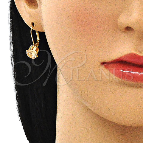 Oro Laminado Leverback Earring, Gold Filled Style with Champagne Cubic Zirconia, Polished, Golden Finish, 5.128.082