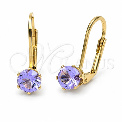 Oro Laminado Leverback Earring, Gold Filled Style with Violet Cubic Zirconia, Polished, Golden Finish, 5.128.085