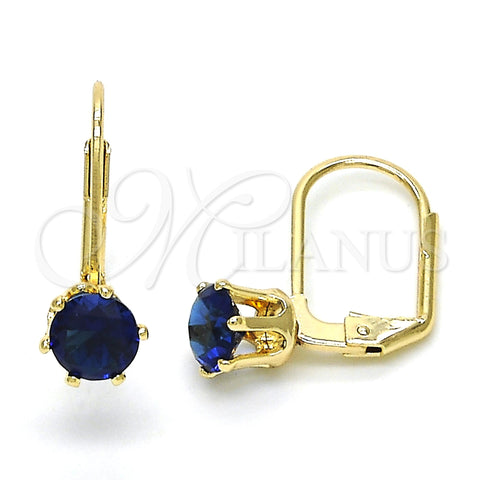 Oro Laminado Leverback Earring, Gold Filled Style with Sapphire Blue Cubic Zirconia, Polished, Golden Finish, 5.128.089