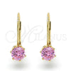 Oro Laminado Leverback Earring, Gold Filled Style with Pink Cubic Zirconia, Polished, Golden Finish, 5.128.093