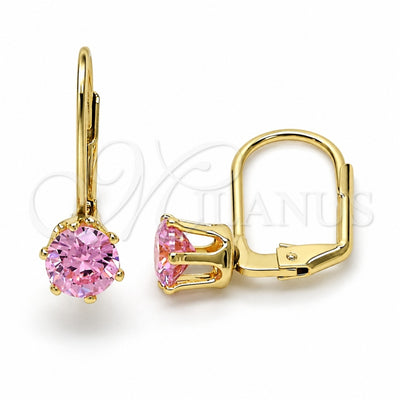Oro Laminado Leverback Earring, Gold Filled Style with Pink Cubic Zirconia, Polished, Golden Finish, 5.128.093